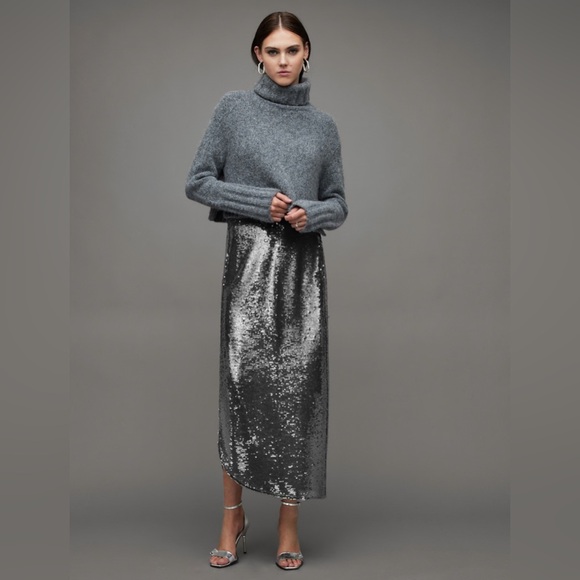 New All Saints Opal Sparkle Sequin Midi Skirt City Smoke Grey Small - Picture 5 of 12